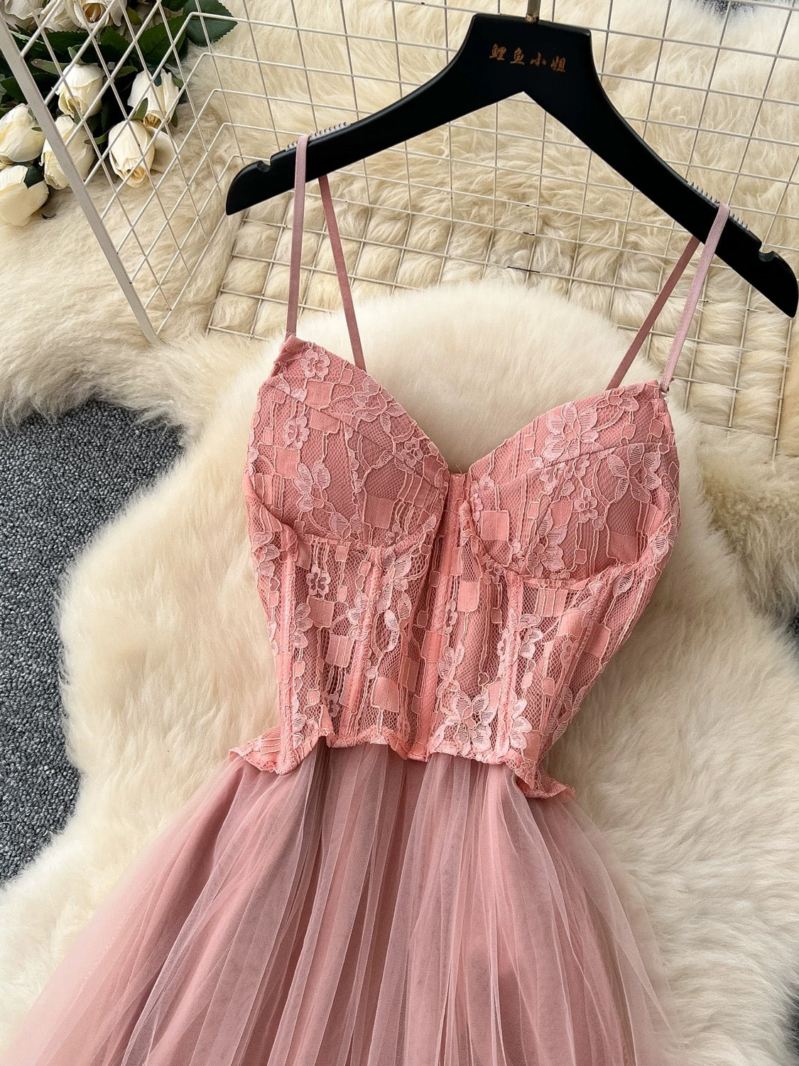 Pink Lace Bodice Spaghetti‑Strap Tulle Maxi Dress – Elegant Party Wear, Sizes S–L