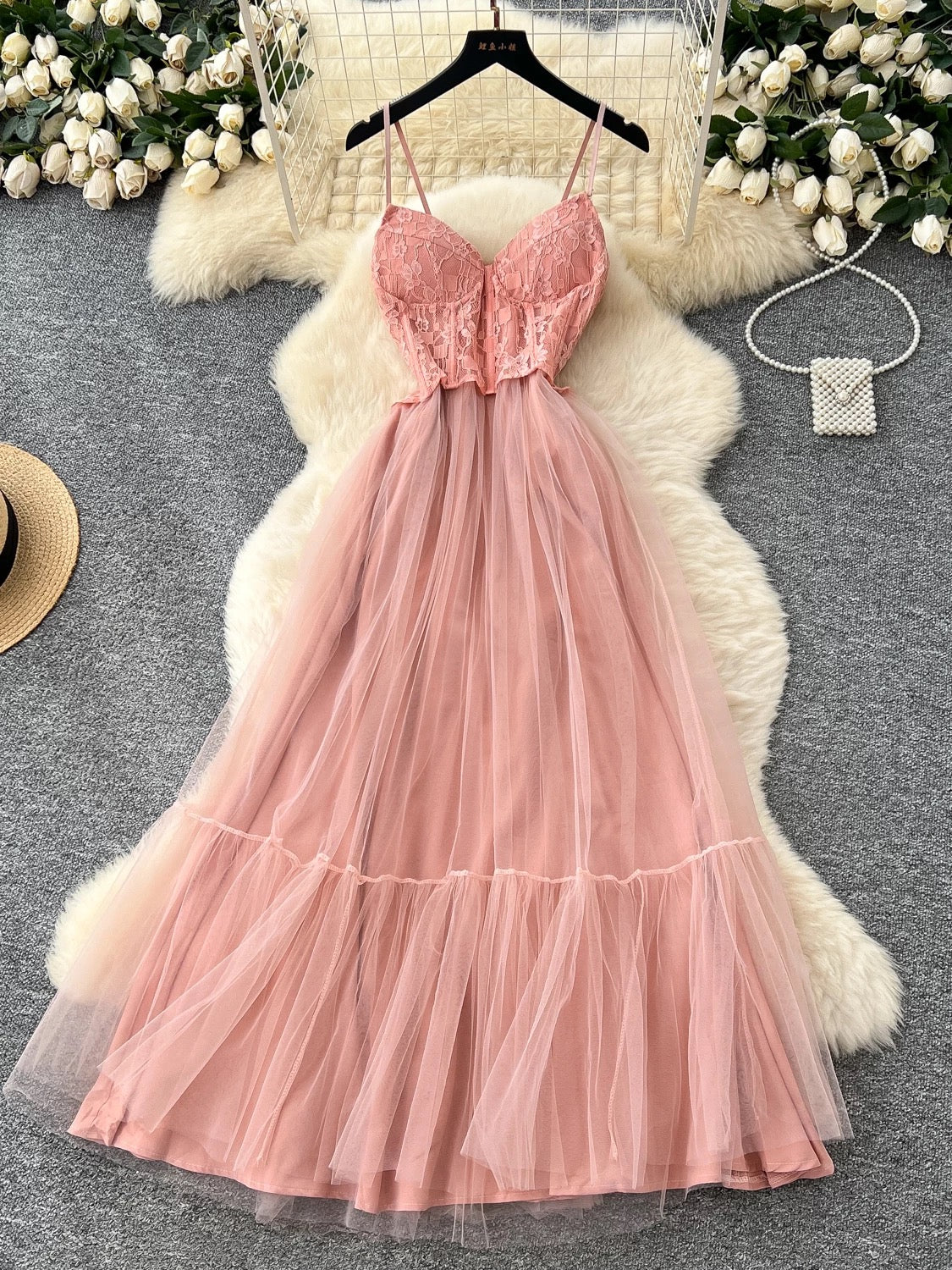 Pink Lace Bodice Spaghetti‑Strap Tulle Maxi Dress – Elegant Party Wear, Sizes S–L