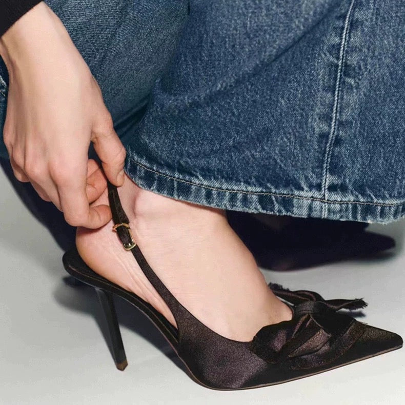 Dark Brown Satin Bow Slingback Heels – Pointed Toe, 10 cm Heel, Sizes 35–42
