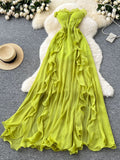 Green Ruffle Spaghetti‑Strap Maxi Dress – Elegant Flowing Design, Sizes S–L