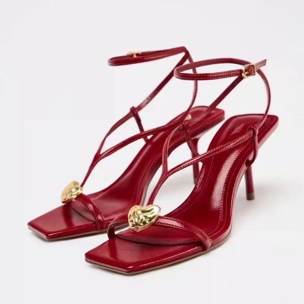 Red Heart‑Embellished Strappy Heels – Square Toe Design