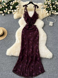 V-Neck Floral Ruffle Maxi Dress - Elegant Tie-Shoulder Evening Gown