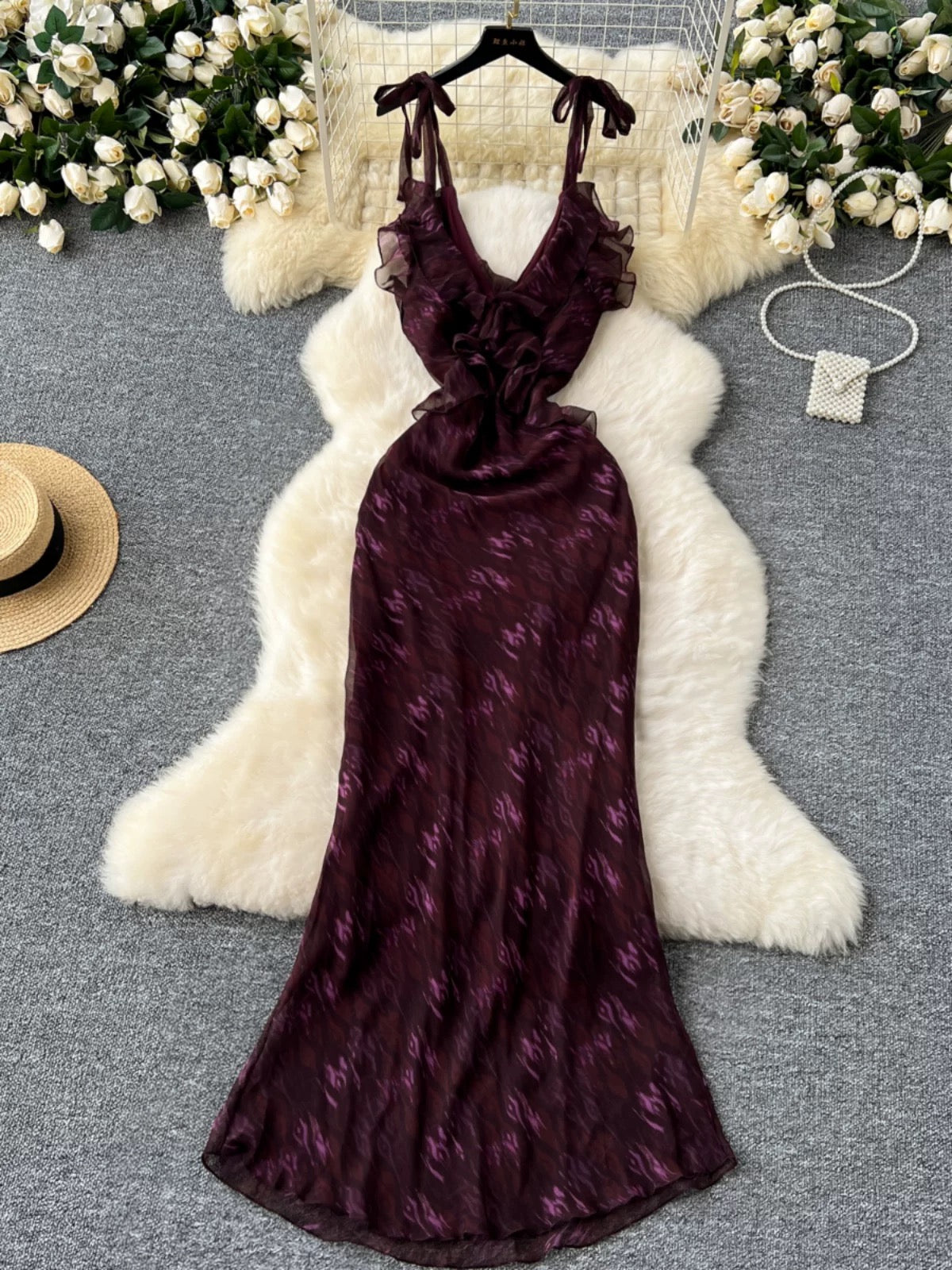V-Neck Floral Ruffle Maxi Dress - Elegant Tie-Shoulder Evening Gown