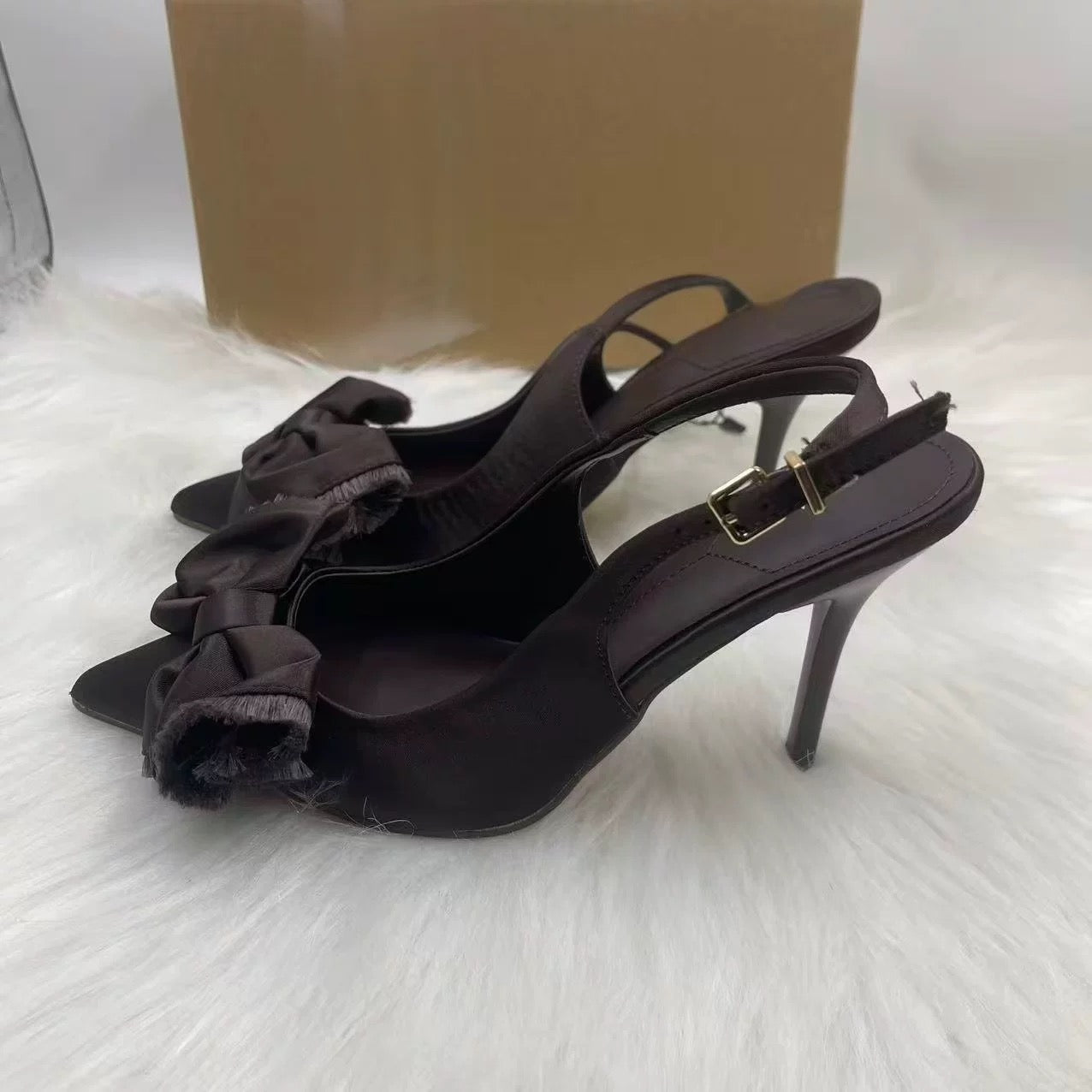 Dark Brown Satin Bow Slingback Heels – Pointed Toe, 10 cm Heel, Sizes 35–42