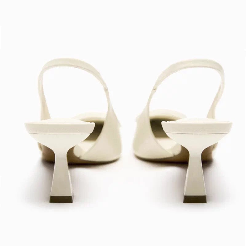 White Buckle Slingback Block Heels – Pointed Toe, 5 cm Heel, Sizes 35–42
