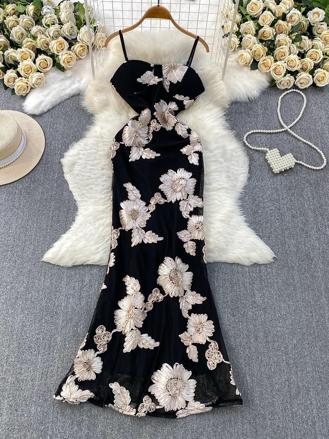 Embroidered Satin Spaghetti‑Strap Maxi Dress – Elegant Floral Design, Sizes M–XL