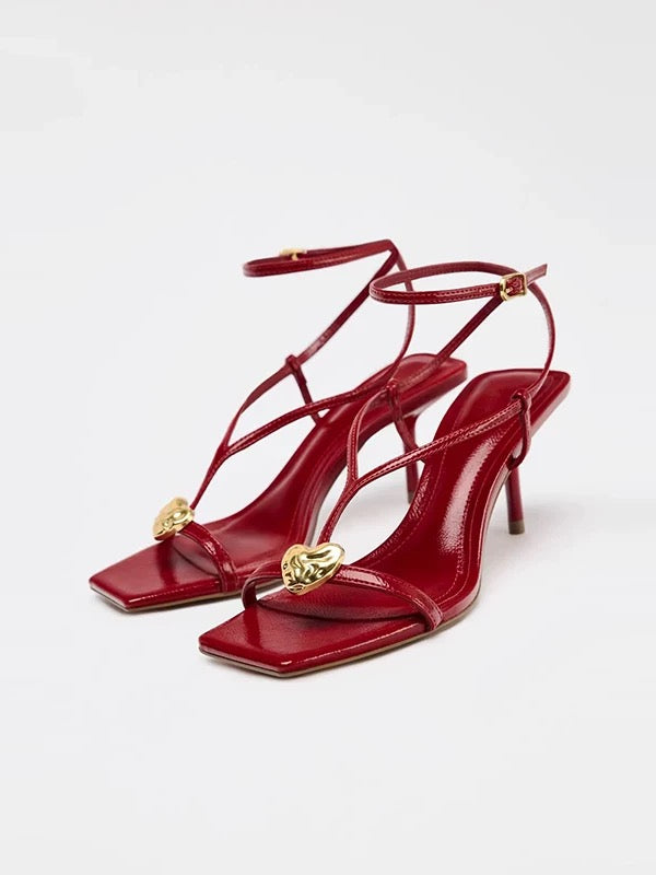 Red Heart‑Embellished Strappy Heels – Square Toe Design
