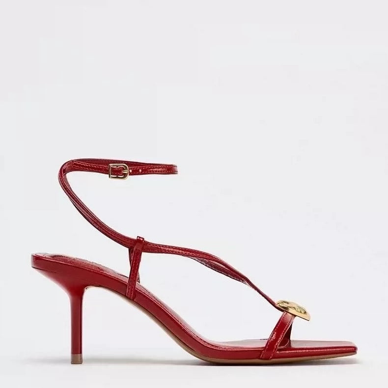 Red Heart‑Embellished Strappy Heels – Square Toe Design