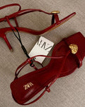 Red Heart‑Embellished Strappy Heels – Square Toe Design