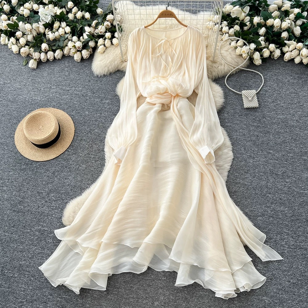 Flowy Long-Sleeve Maxi Dress – Lace-Up Neckline & Waist Tie