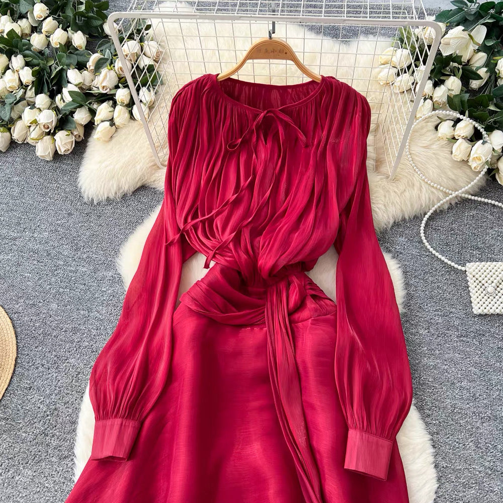Flowy Long-Sleeve Maxi Dress – Lace-Up Neckline & Waist Tie