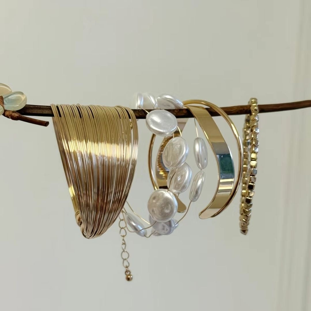 Gold Multi‑Style Bracelet Set – Cuff, Pearl Beads & Classic Bangles (4‑Piece Set)