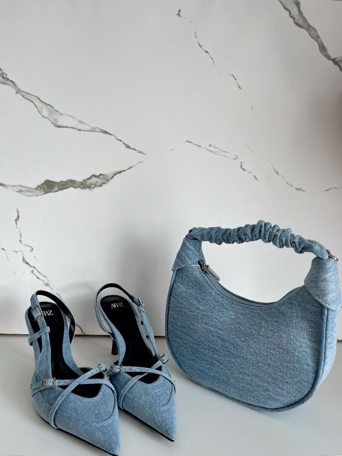 Denim Crisscross Strap Pointed-Toe Heels – Light Blue