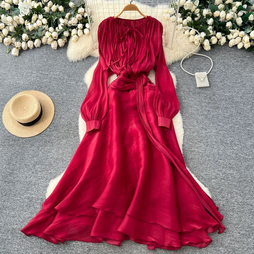 Flowy Long-Sleeve Maxi Dress – Lace-Up Neckline & Waist Tie