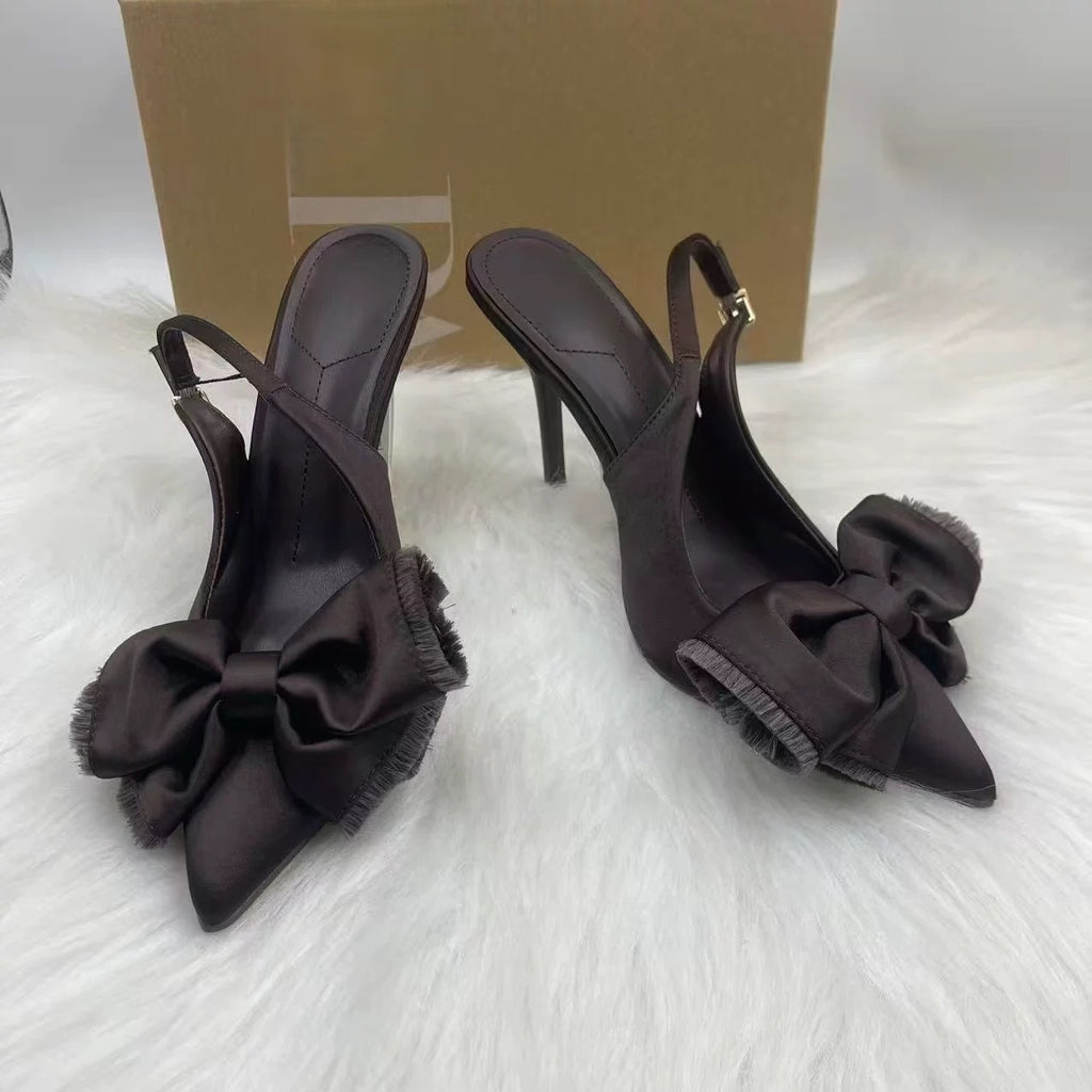 Dark Brown Satin Bow Slingback Heels – Pointed Toe, 10 cm Heel, Sizes 35–42