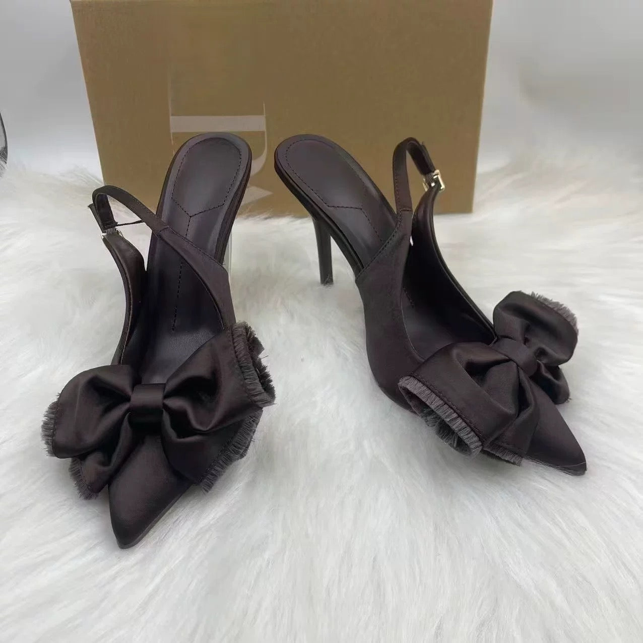 Dark Brown Satin Bow Slingback Heels – Pointed Toe, 10 cm Heel, Sizes 35–42