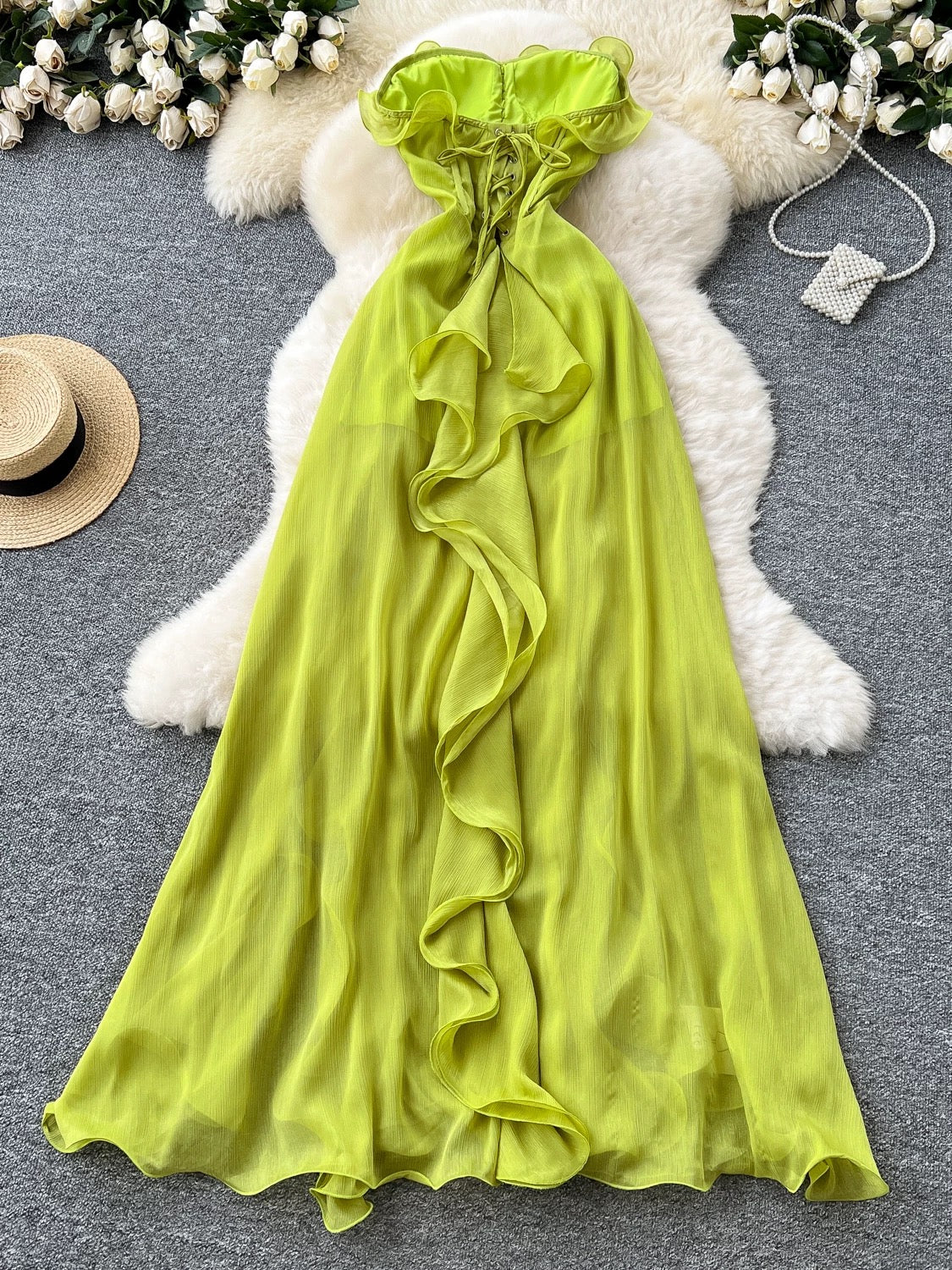 Green Ruffle Spaghetti‑Strap Maxi Dress – Elegant Flowing Design, Sizes S–L