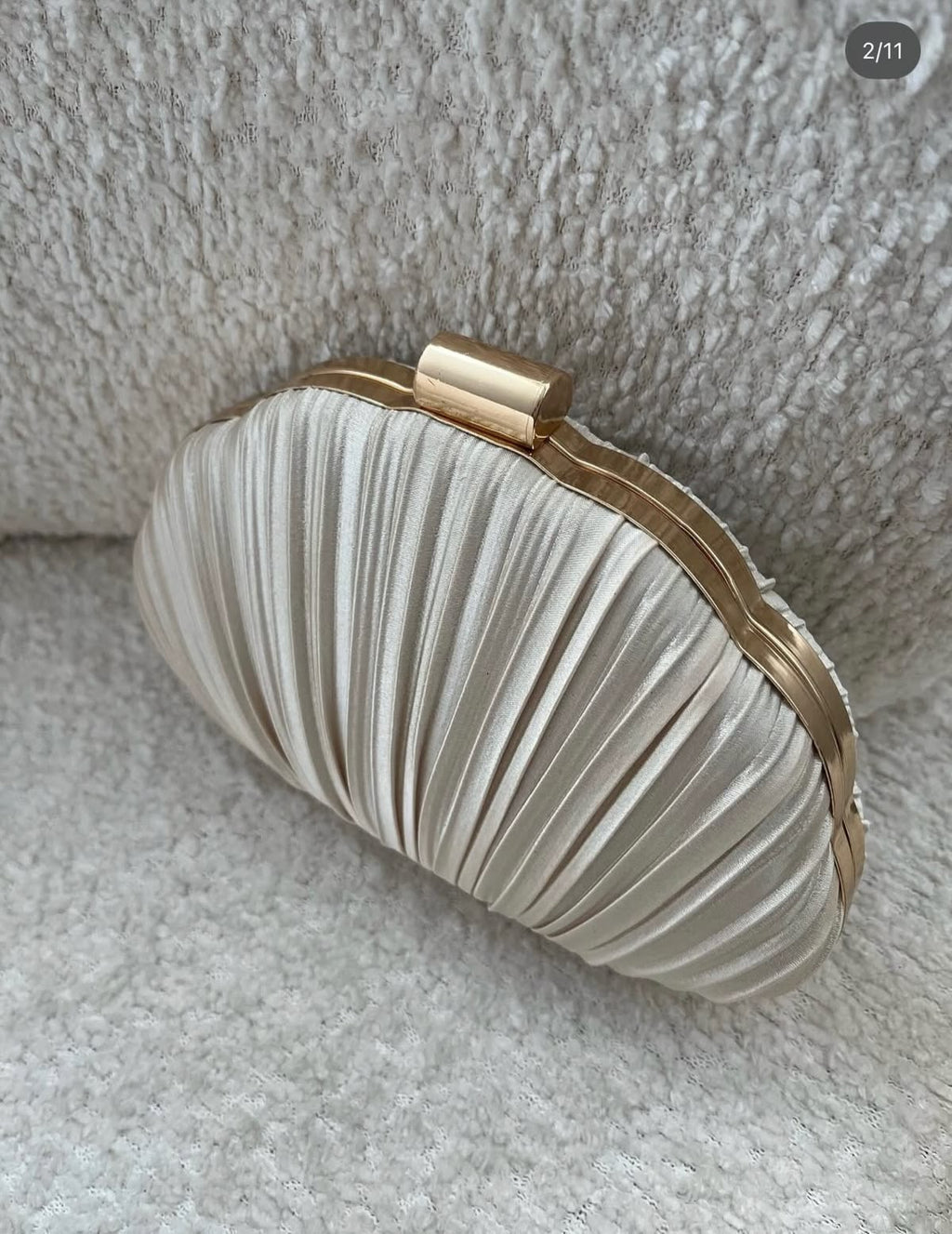 Pleated Seashell Evening Clutch - Elegant Satin Party Purse with Gold Hardware
