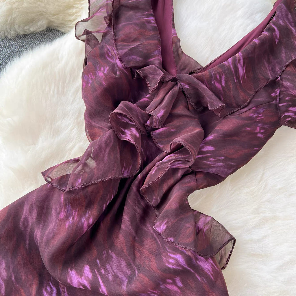 V-Neck Floral Ruffle Maxi Dress - Elegant Tie-Shoulder Evening Gown
