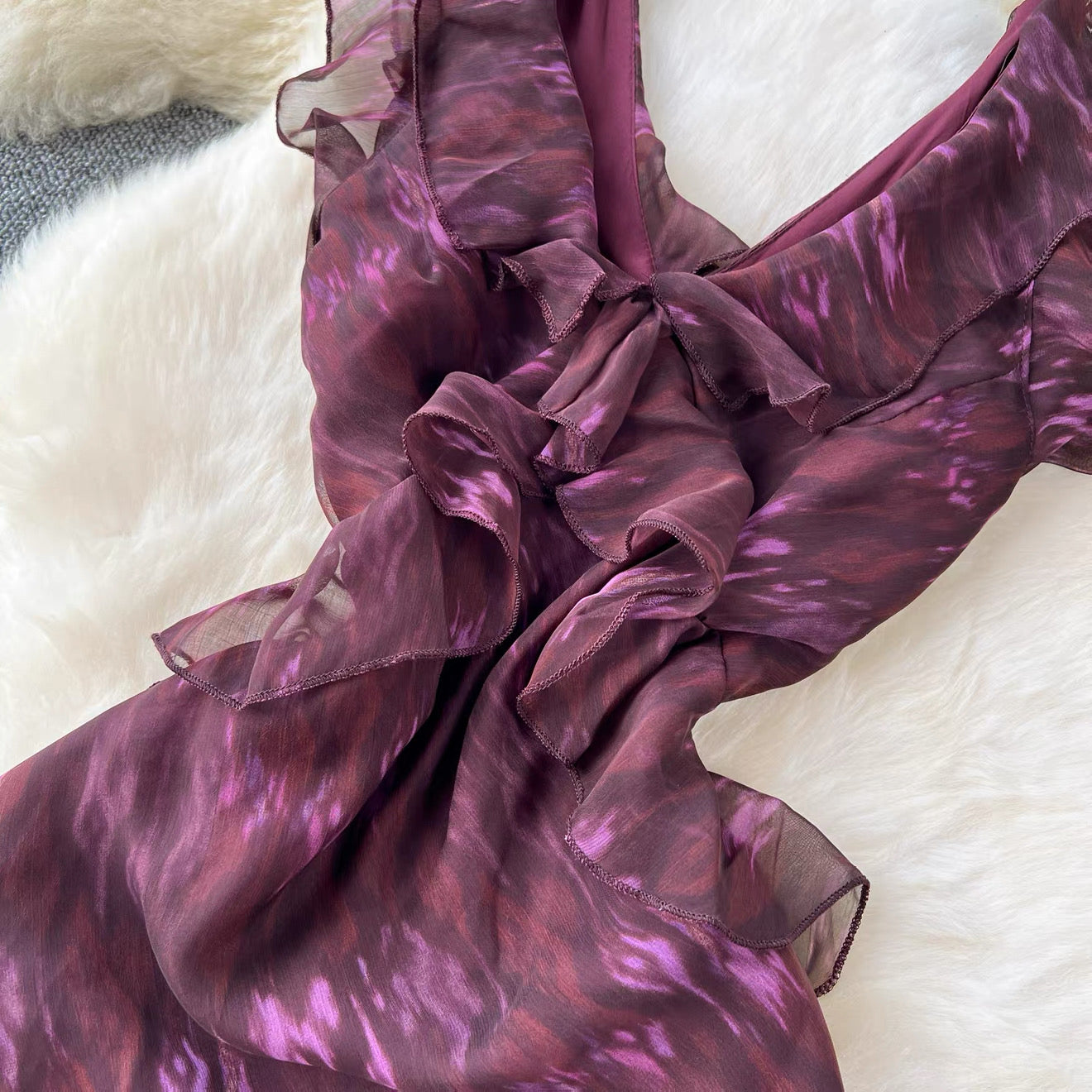V-Neck Floral Ruffle Maxi Dress - Elegant Tie-Shoulder Evening Gown